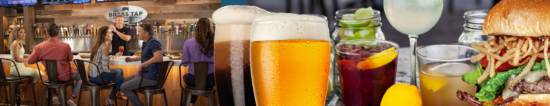 Foaming glasses of craft beer are flanked on either side by people enjoying themselves in a relaxed upscale atmosphere and various food items and cocktails